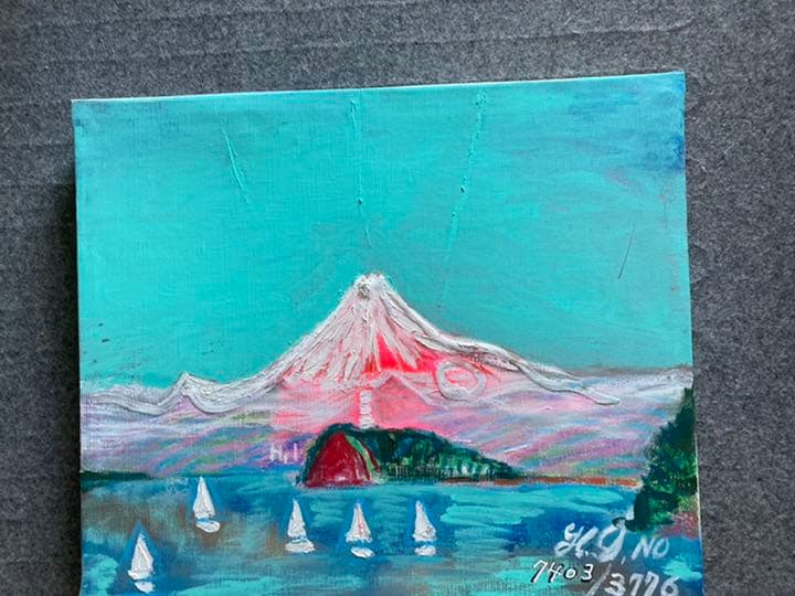 幻想絵画、空飛ぶ画家、飛行家、発明家、ヨットマンの糸川裕志の富士山