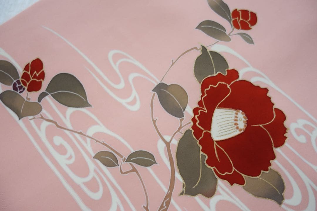 塩瀬 名古屋帯 正絹 流水に椿 手描き友禅 金彩