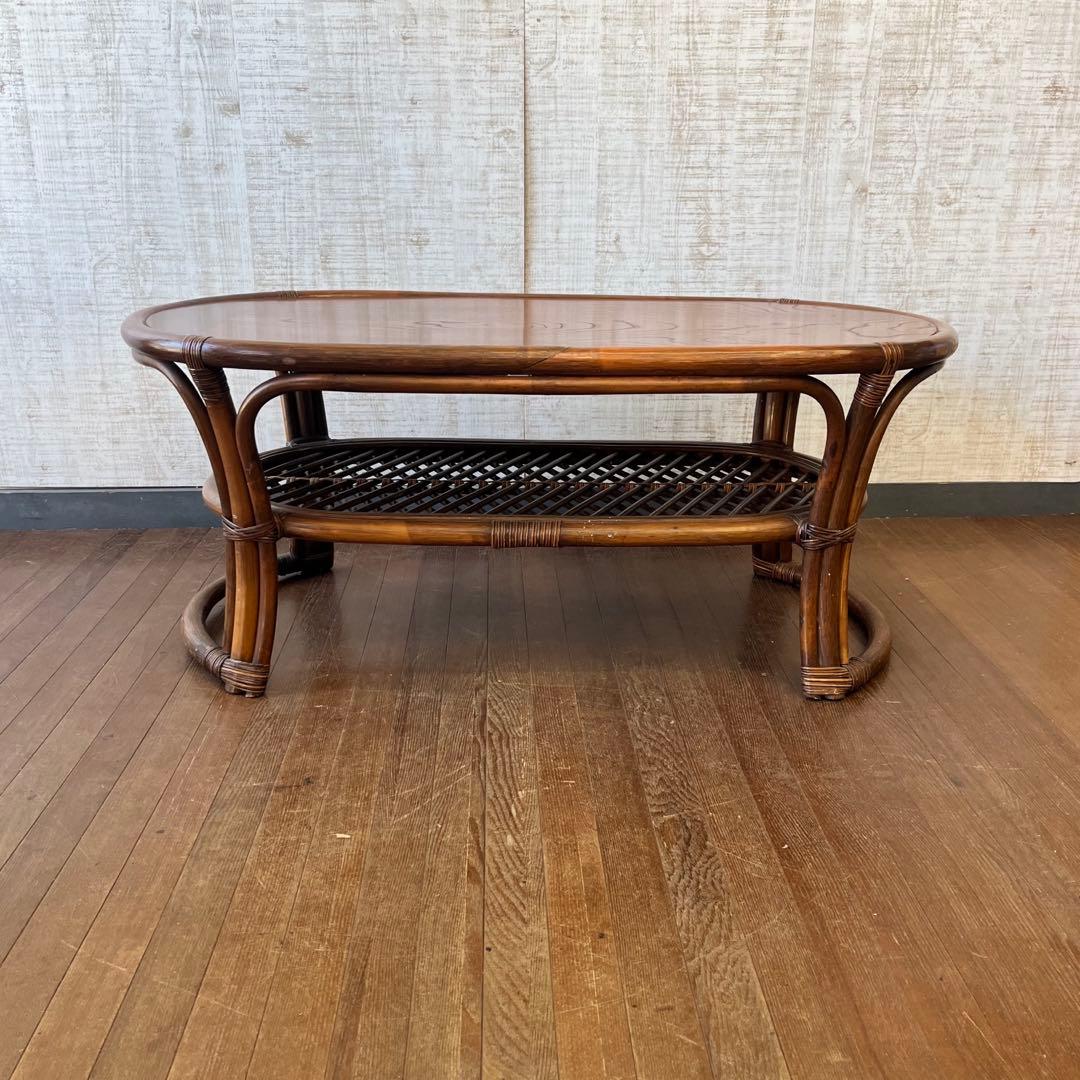 アンティーク】籐家具 ラタン オーバルテーブル ローテーブル 座卓 古