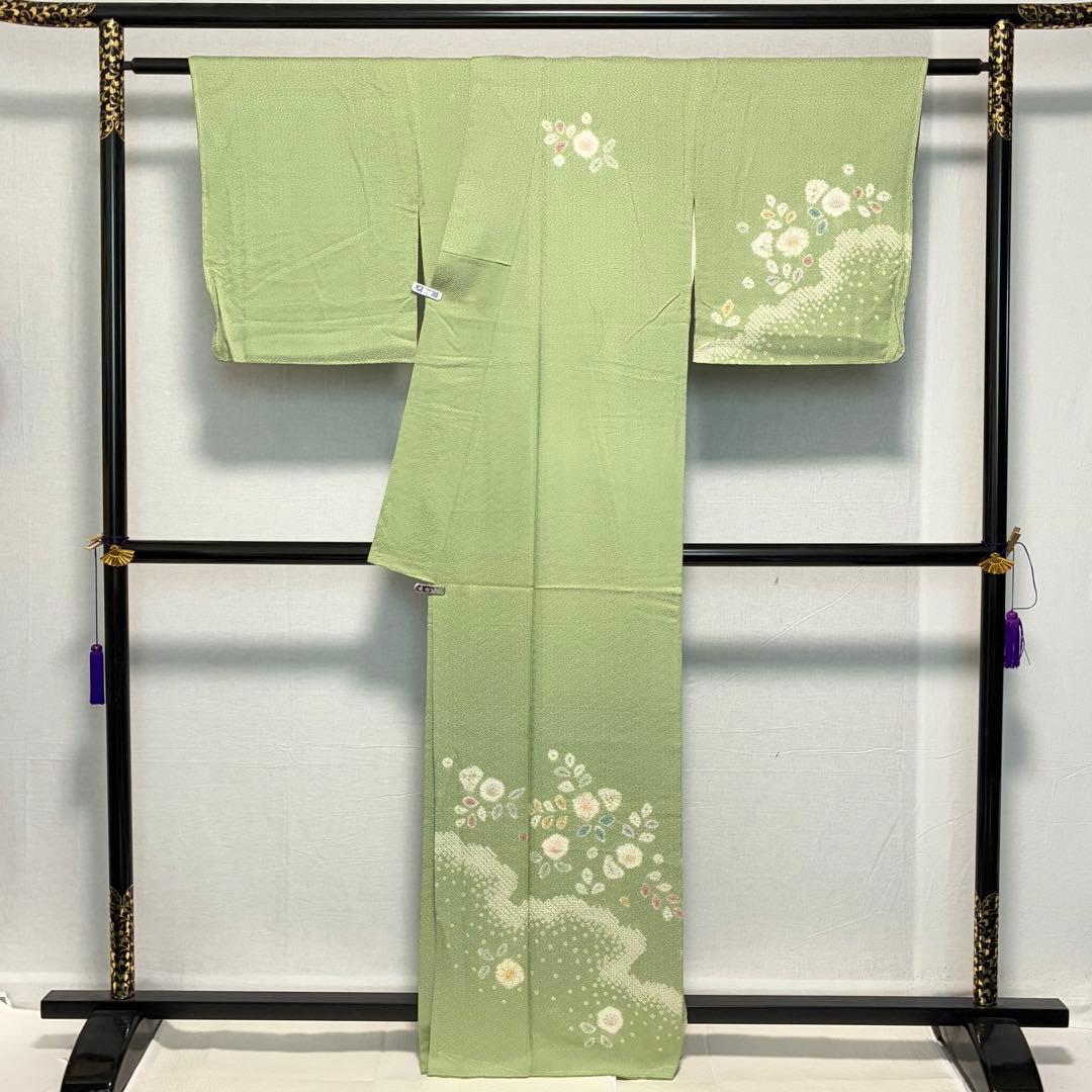 D244 訪問着 花模様 絞り 正絹 着物 袷 しつけ糸付き未使用極美品
