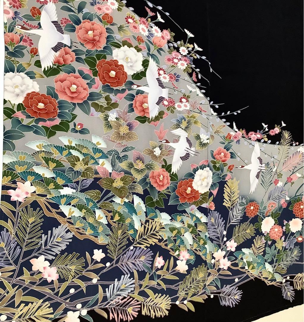 正絹黒留袖 友禅 作家物 飛鶴花松文 ⑧( 訪問着、紬、袋帯なども出品