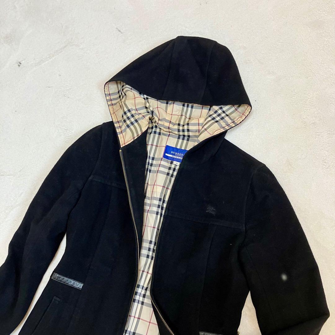 バーバリーブルーレーベル ウールコート フード付 裏ノバチェック 黒 M