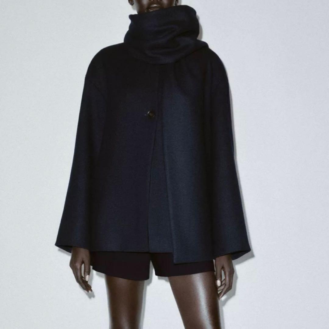 今期完売 ZARA ウールショートスカーフコート XS ザラ ネイビー - メルカリ