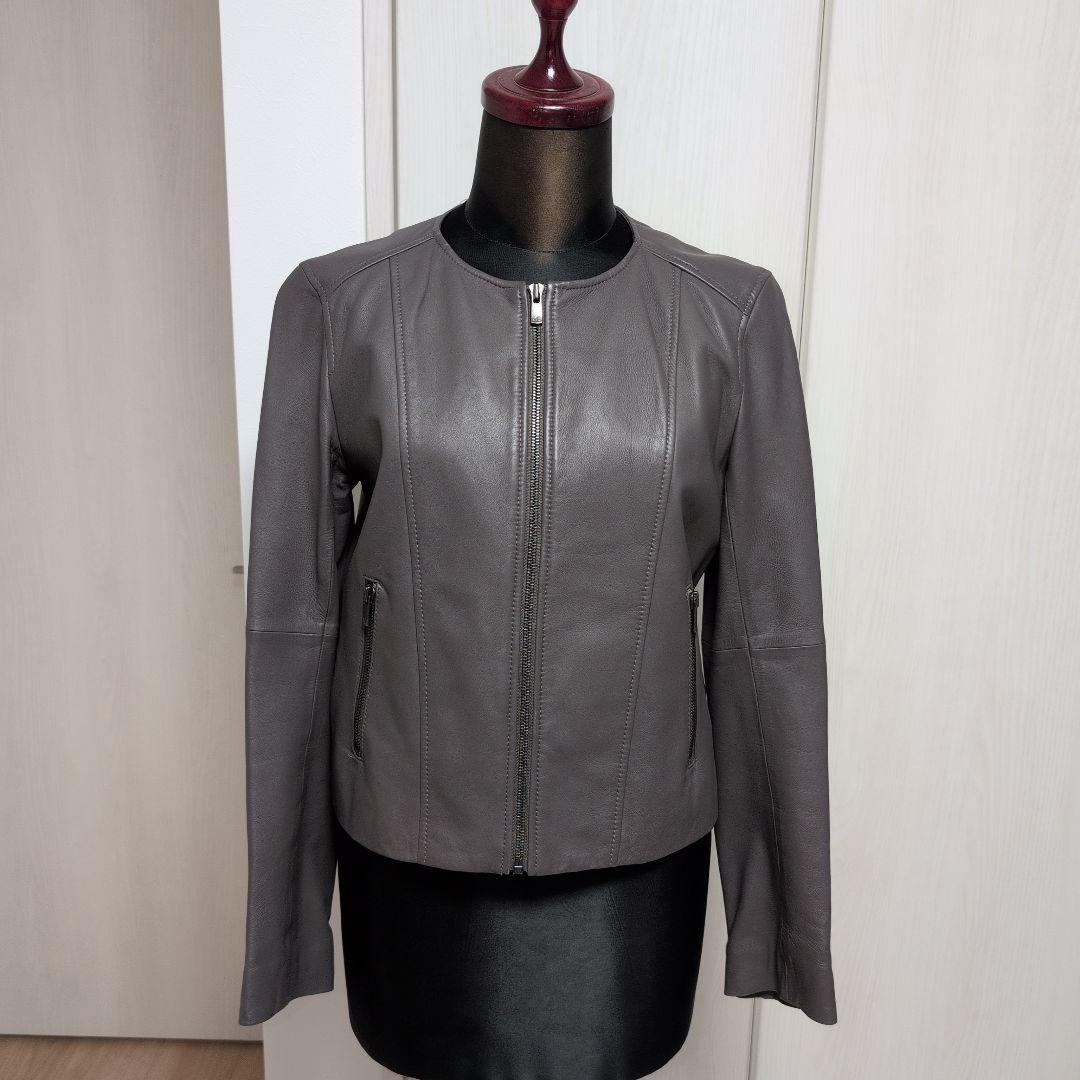 ANAYIアナイ 白タグ 羊革ラムレザー ノーカラージャケット グレー 38M