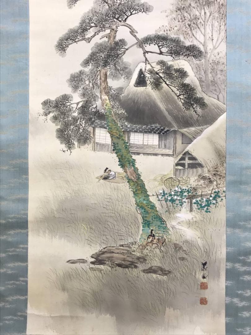 真作】川辺華堂/月明田家之図/山水図/砧図/掛軸/名家伝来/AD-764