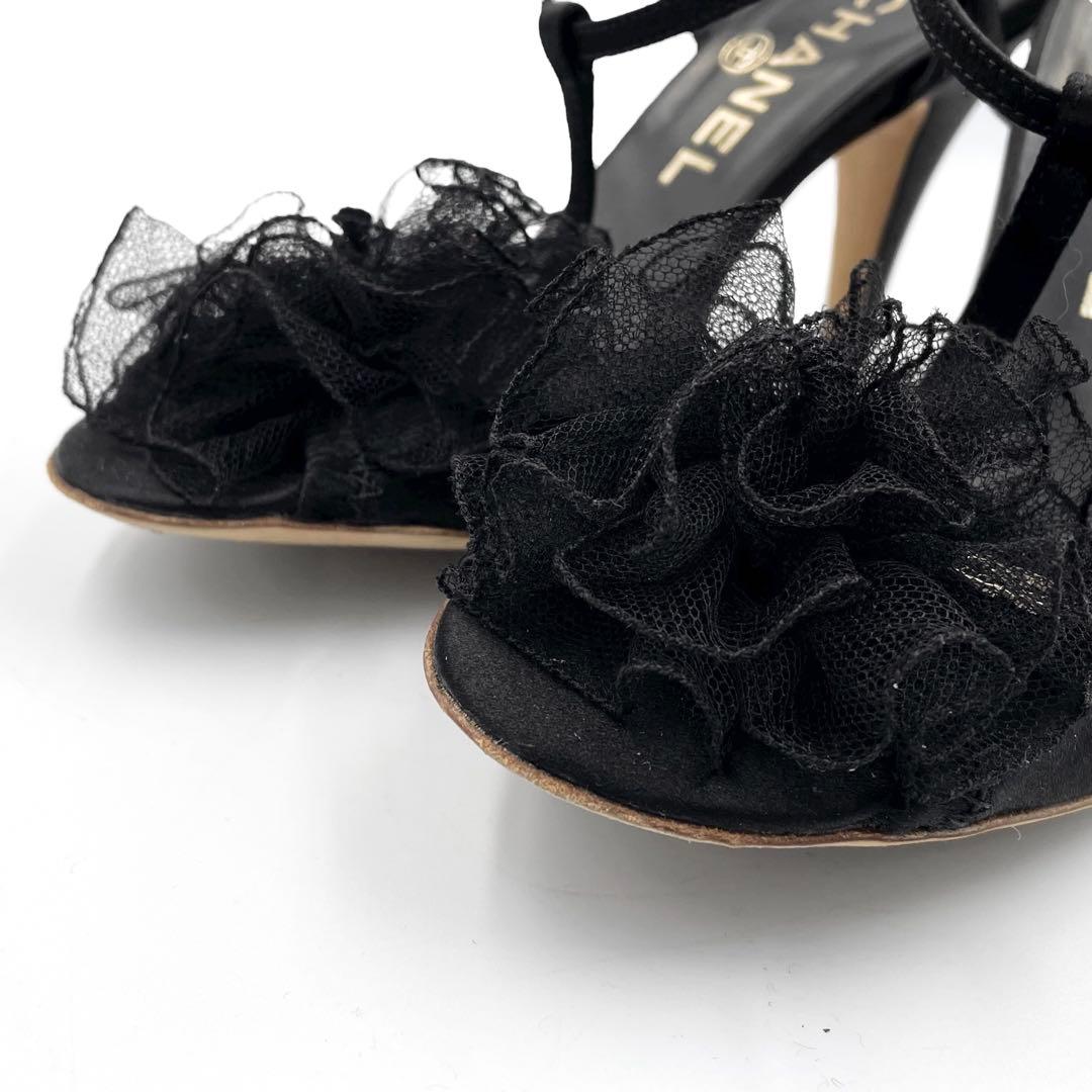 《超美品》CHANEL シャネル カメリア ココマーク パンプス サテン 黒系