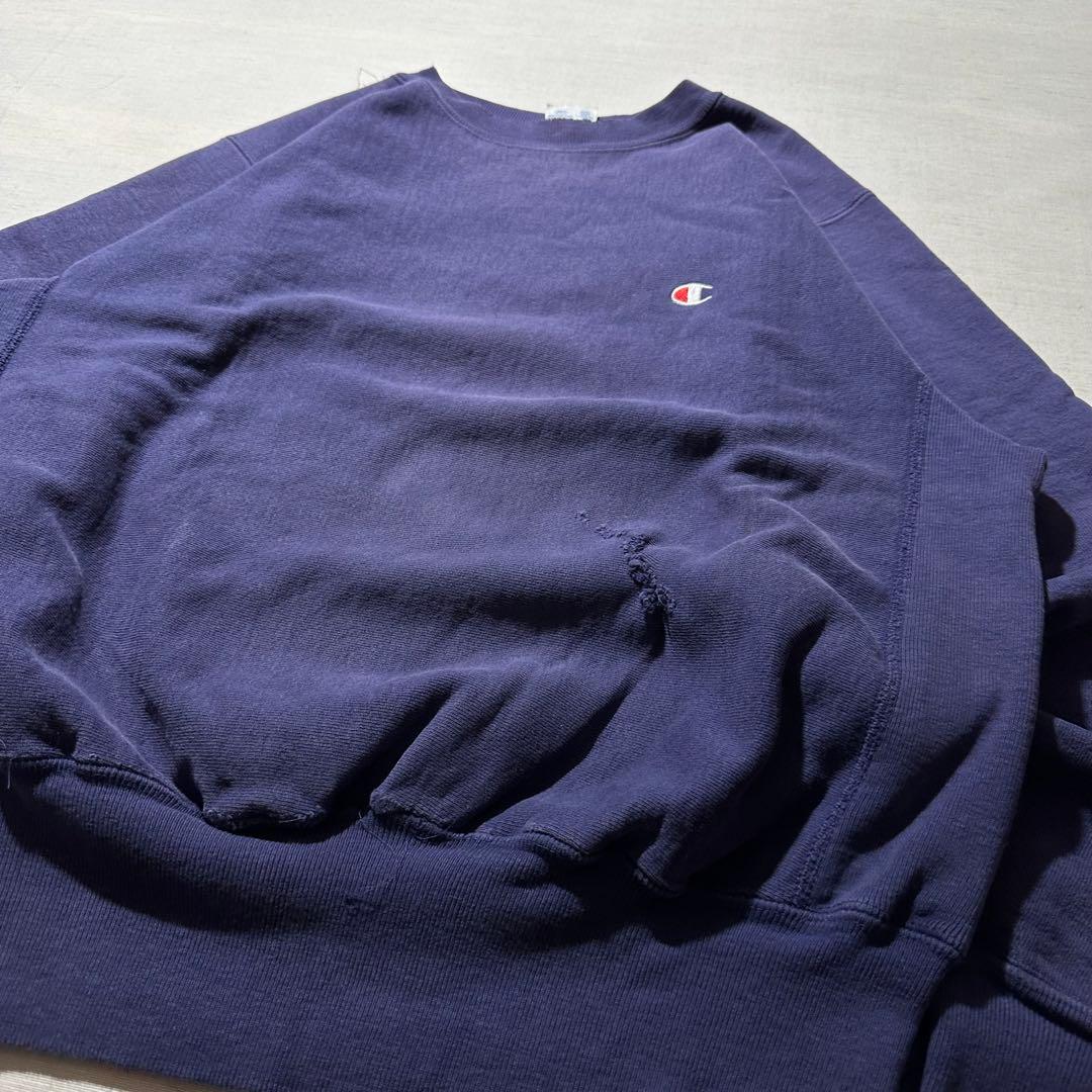 90s USA製 チャンピオン リバースウィーブ 茄子紺 ワンポイント