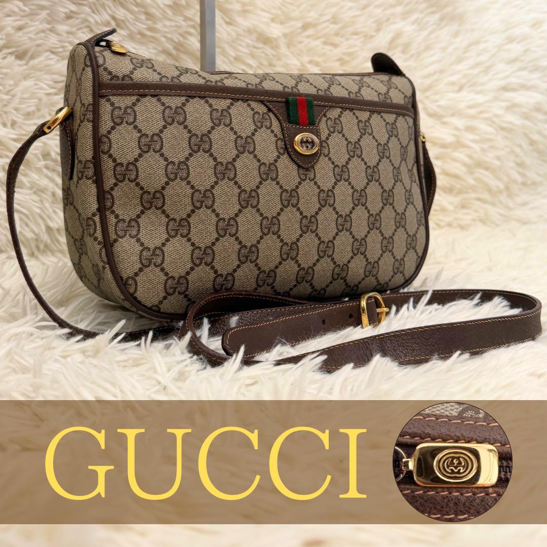 美品 大容量 オールドグッチ GG 総柄 レザー ショルダーバッグ PVC