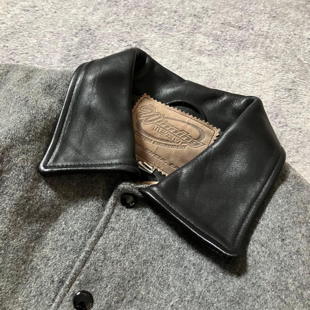 90sUSA製ウールレザーLAKCKARTCLUBスタジャングレー×ブラック