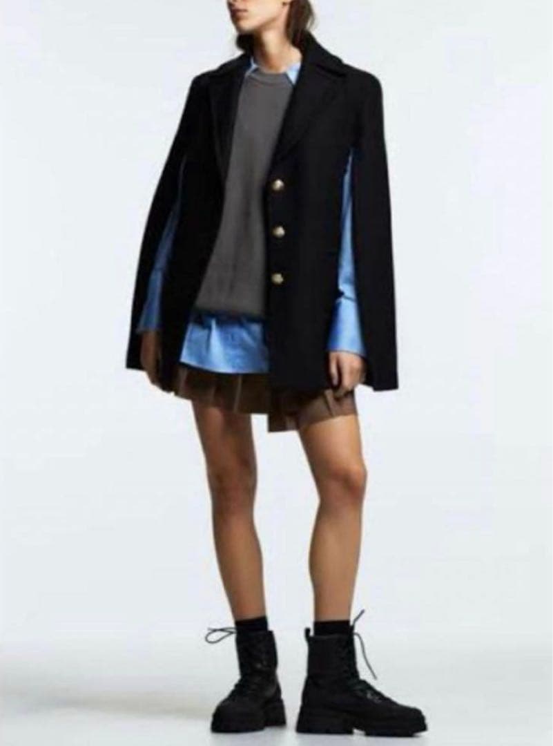 ザラ】ケープコート ポンチョ 金ボタン マンテコ ウール 完売品 黒 S