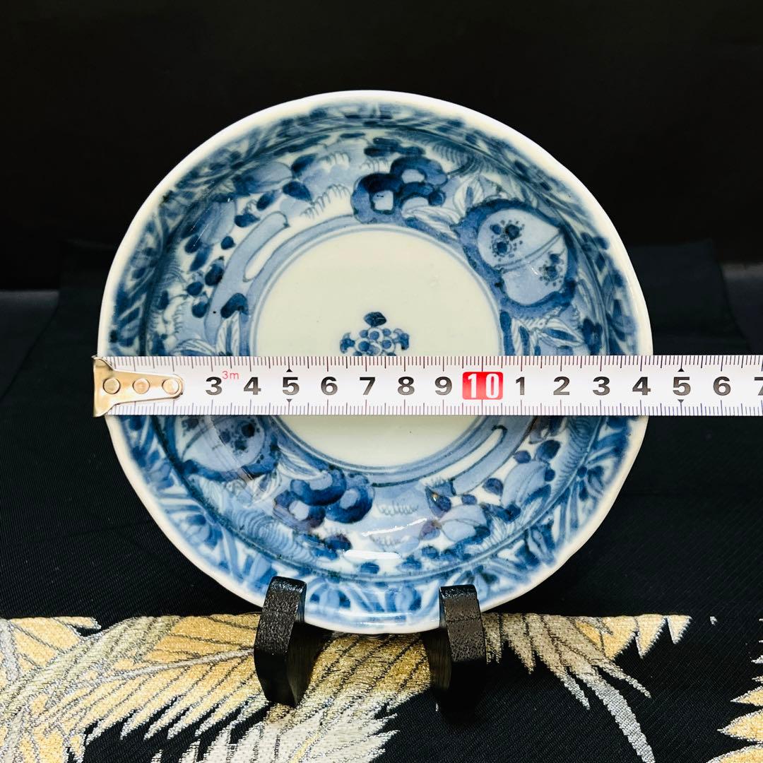 希少 古伊万里 柿右衛門 藍柿 渦福 角福 染付山水桃絵 深皿 1枚 鑑賞皿