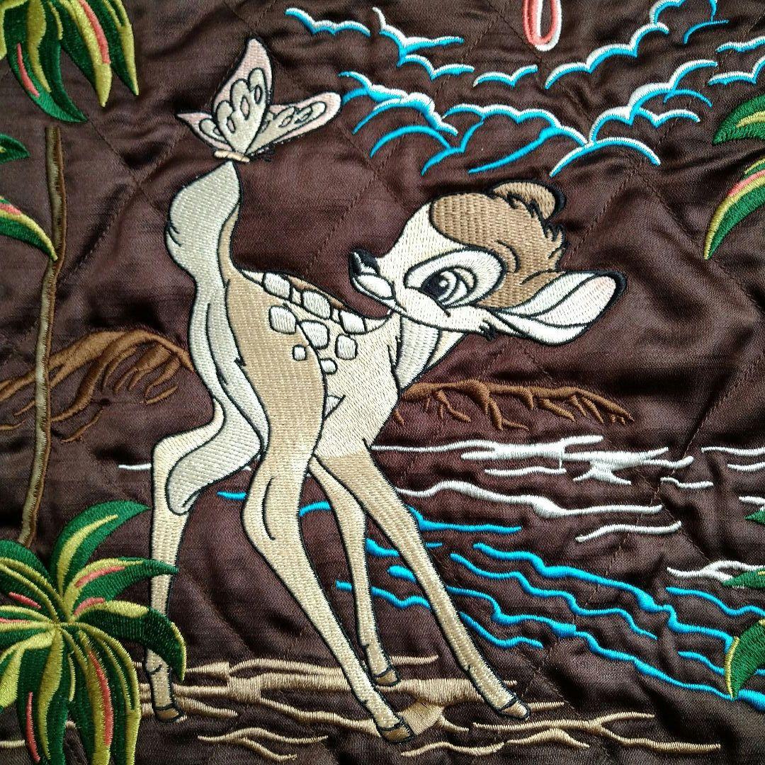 ディズニー バンビ 刺繍 スカジャン リバーシブル 黄 茶 サテン M