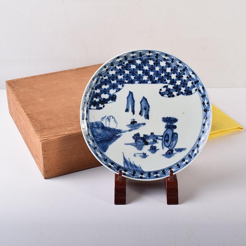 古伊万里 初期伊万里 大明成化年製款 染付 山水文 飾皿 時代箱 M R7968