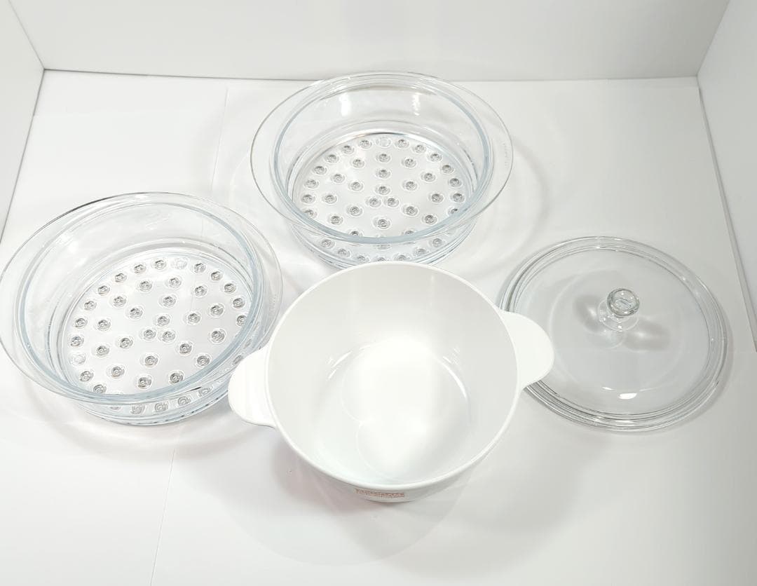 フランス製 ARCOFLAMアルコフラム 耐熱ガラス製2段蒸し器 鍋口径20