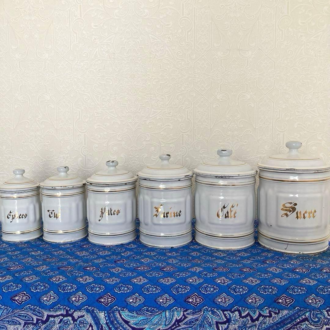 ♪フランスアンティーク キャニスター 琺瑯 6個セット ホワイト 金文字 フランスアンティーク 琺瑯キャ二スター6個セット 注文 フランス