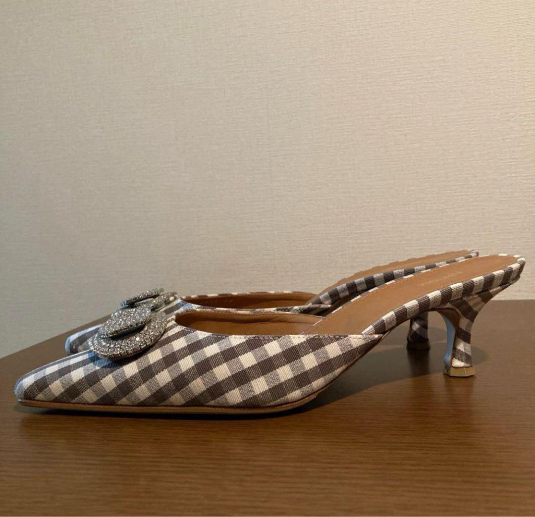 ピッピシック　24.5cm ビジュー付きギンガムチェックミュール