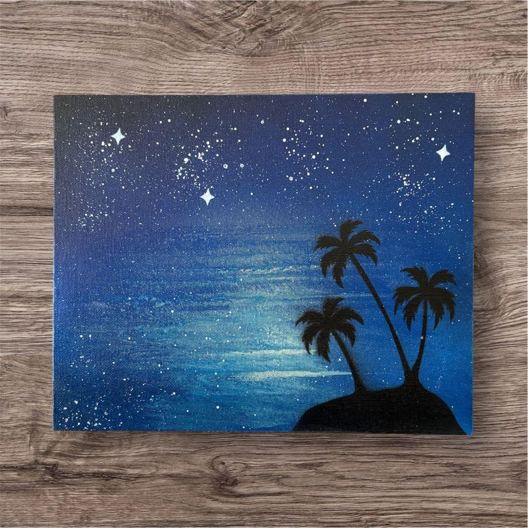 355】スプレーアート 風景画 景色 夜の海 ヤシの木 星空 ブルー 南国