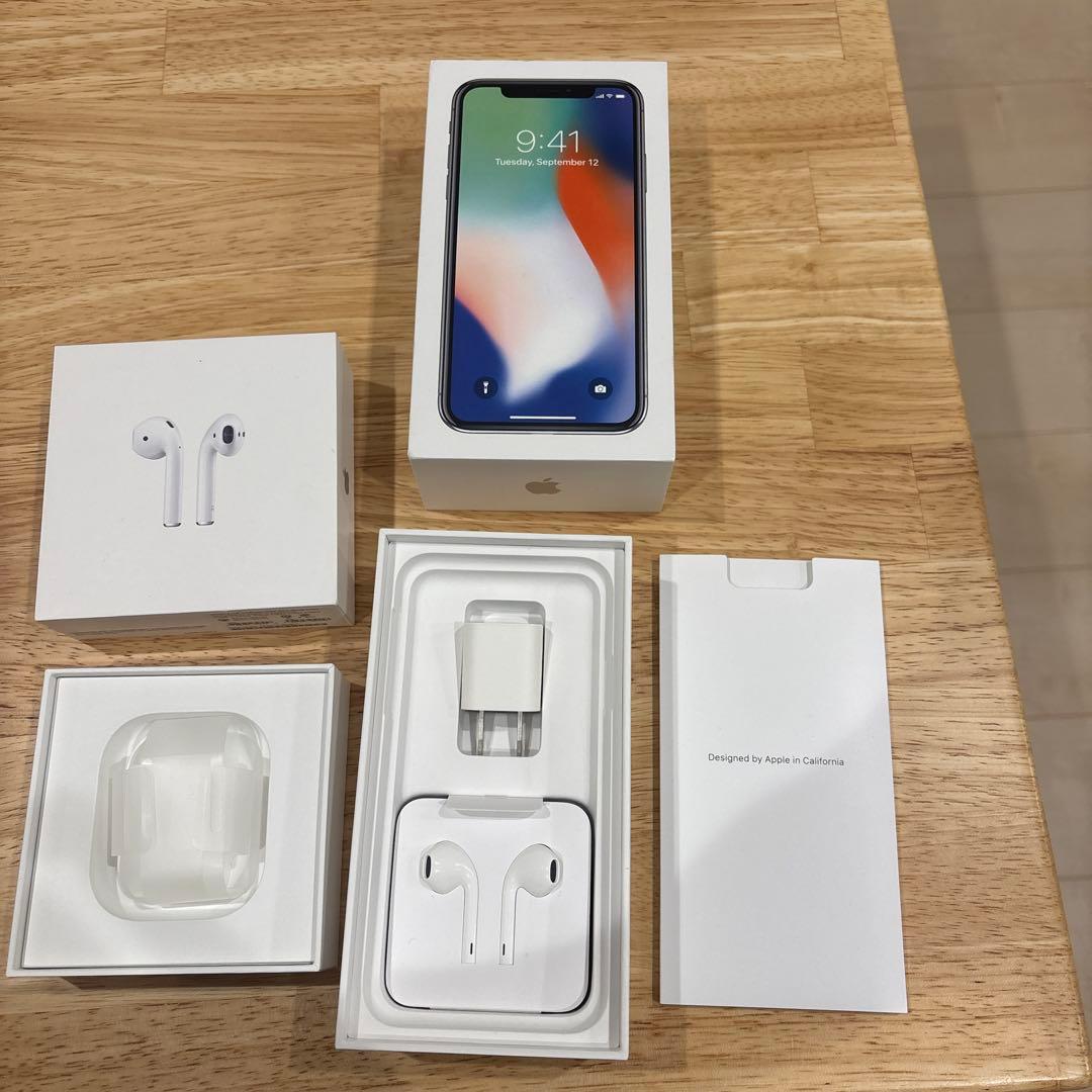 iPhone X シルバー 256G 画面ひびあり AirPods付き 箱付き