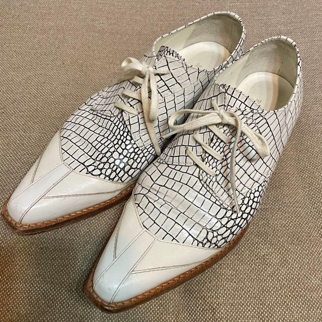 【JUNYA WATANABE】型押しクロコ柄レザーシューズM（24.5㎝） クロコ型押し 切替 アシンメトリー レザー シューズ 革靴 箱・保存袋有