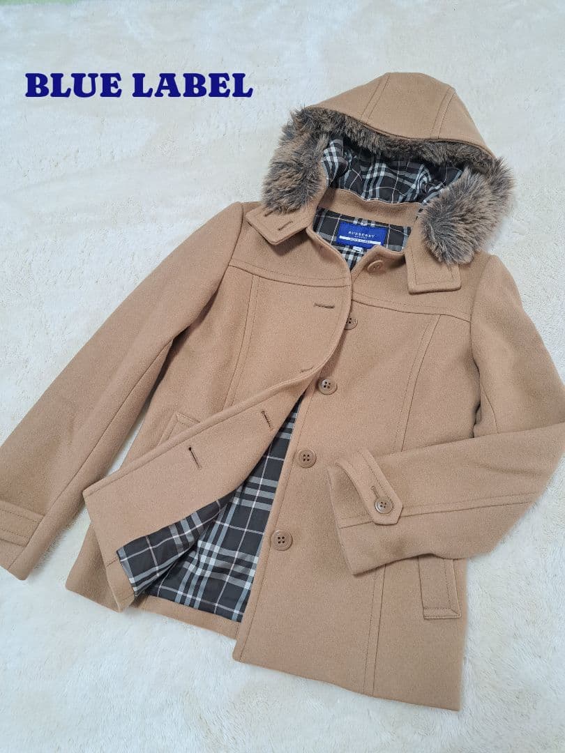 バーバリーブルーレーベル　ウールコート　ノバチェック　ロゴボタン　キャメル　M 中古・古着通販】BURBERRY BLUE LABEL (バーバリーブルーレーベル