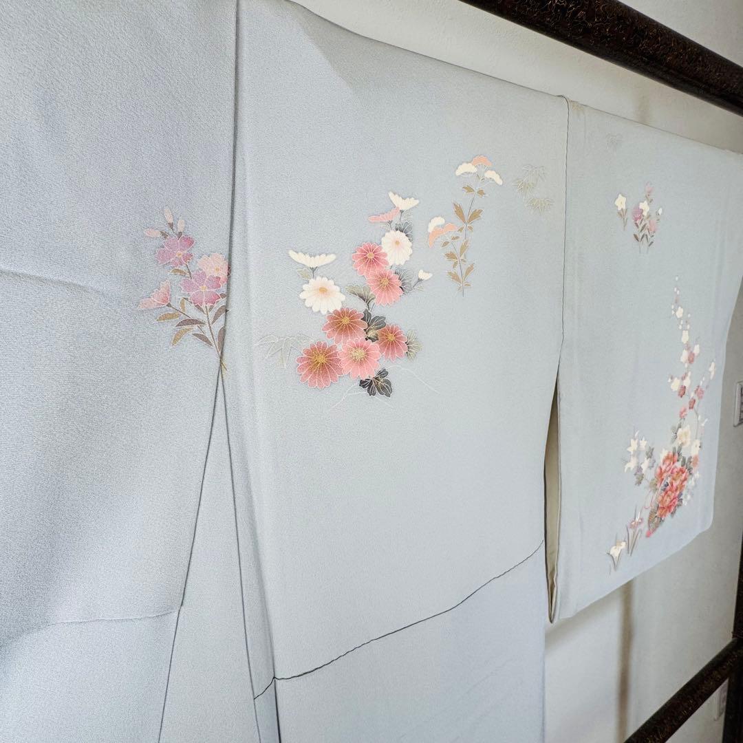 超美品 正絹 袷 広襟 訪問着 付け下げ 着物 162裄61.5 水色 作家物