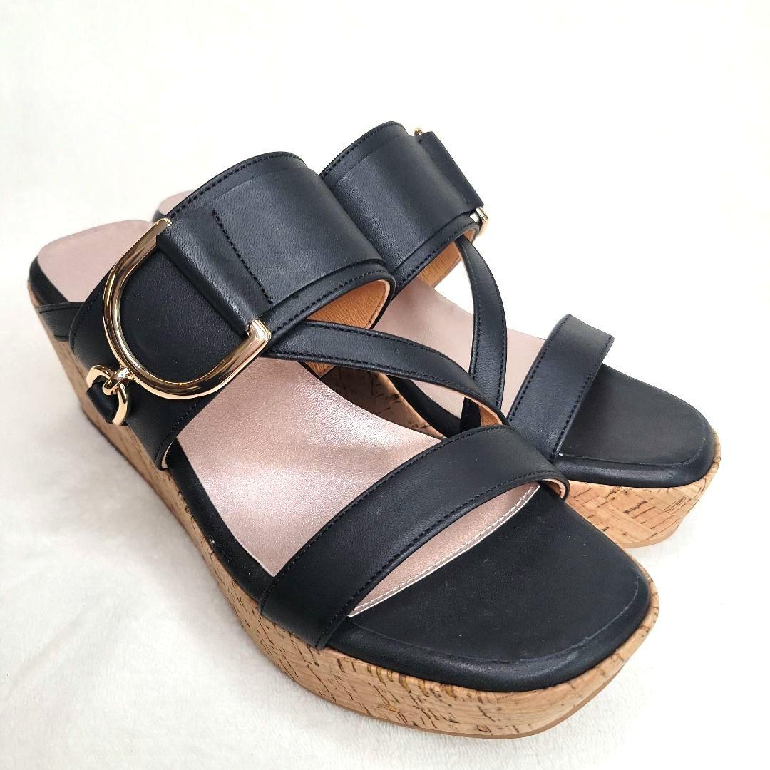 【銀座かねまつ】ウェッジミュールサンダル 黒 24.5cm 未使用品