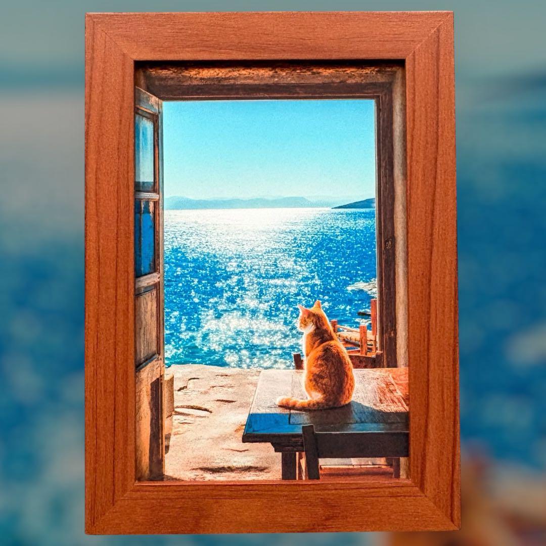 アート 額装済 絵画 海 猫 ネコ 扉 風景 インテリア ポストカード