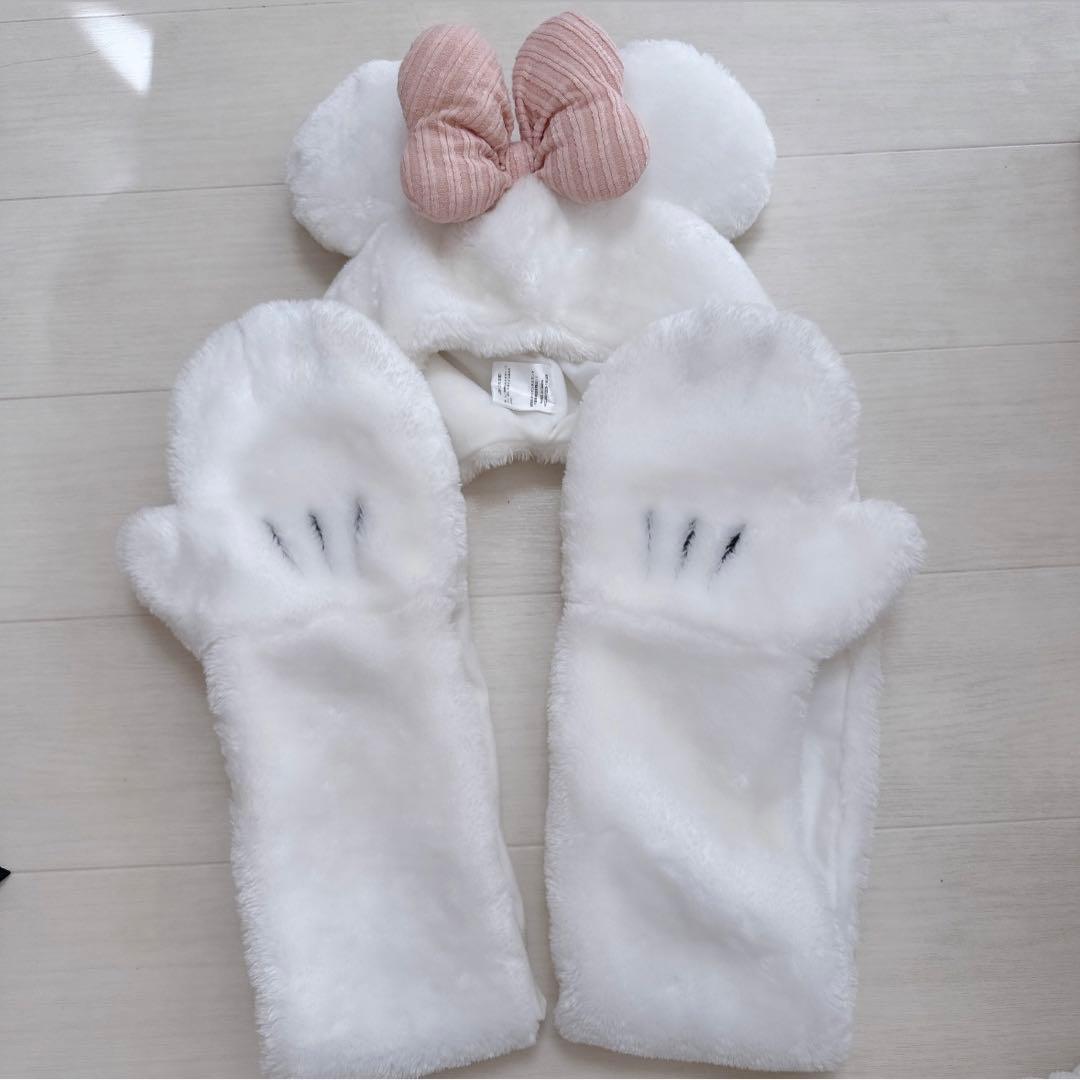 ディズニー ミニー 手袋付きファンキャップ 白 もこもこ マフラー