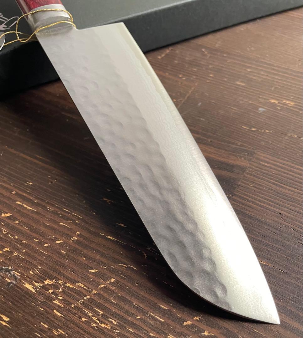 増谷刃物 三徳包丁VG10ステンレス積層槌目 刻流 口金有レッド柄