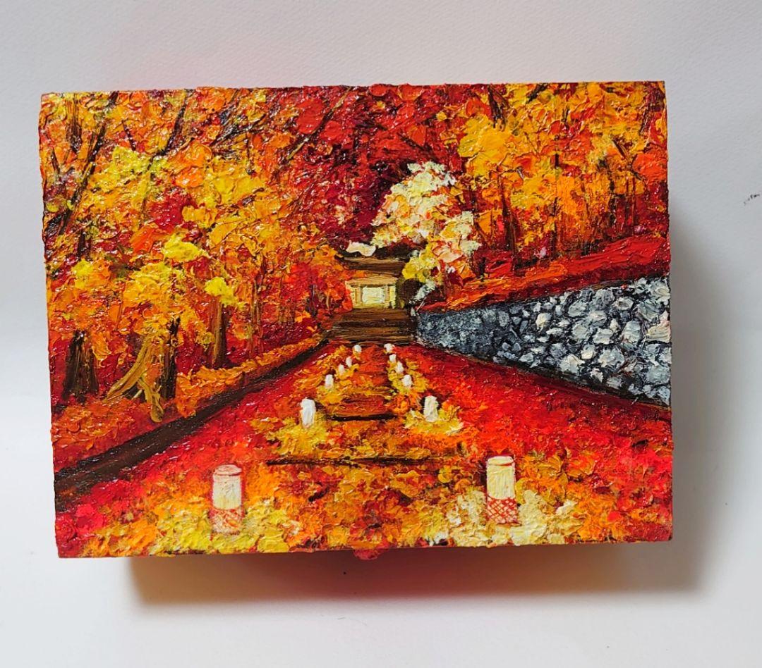 北欧風 油絵 絵画「紅葉ボックス」モダンアート 玄関やリビングに