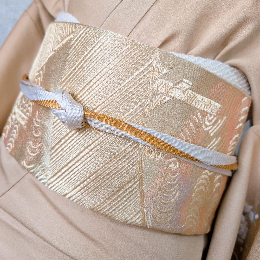 訪問着 フルセット 着物 正絹 ゴールドベージュ Sサイズ 花 しつけ糸金