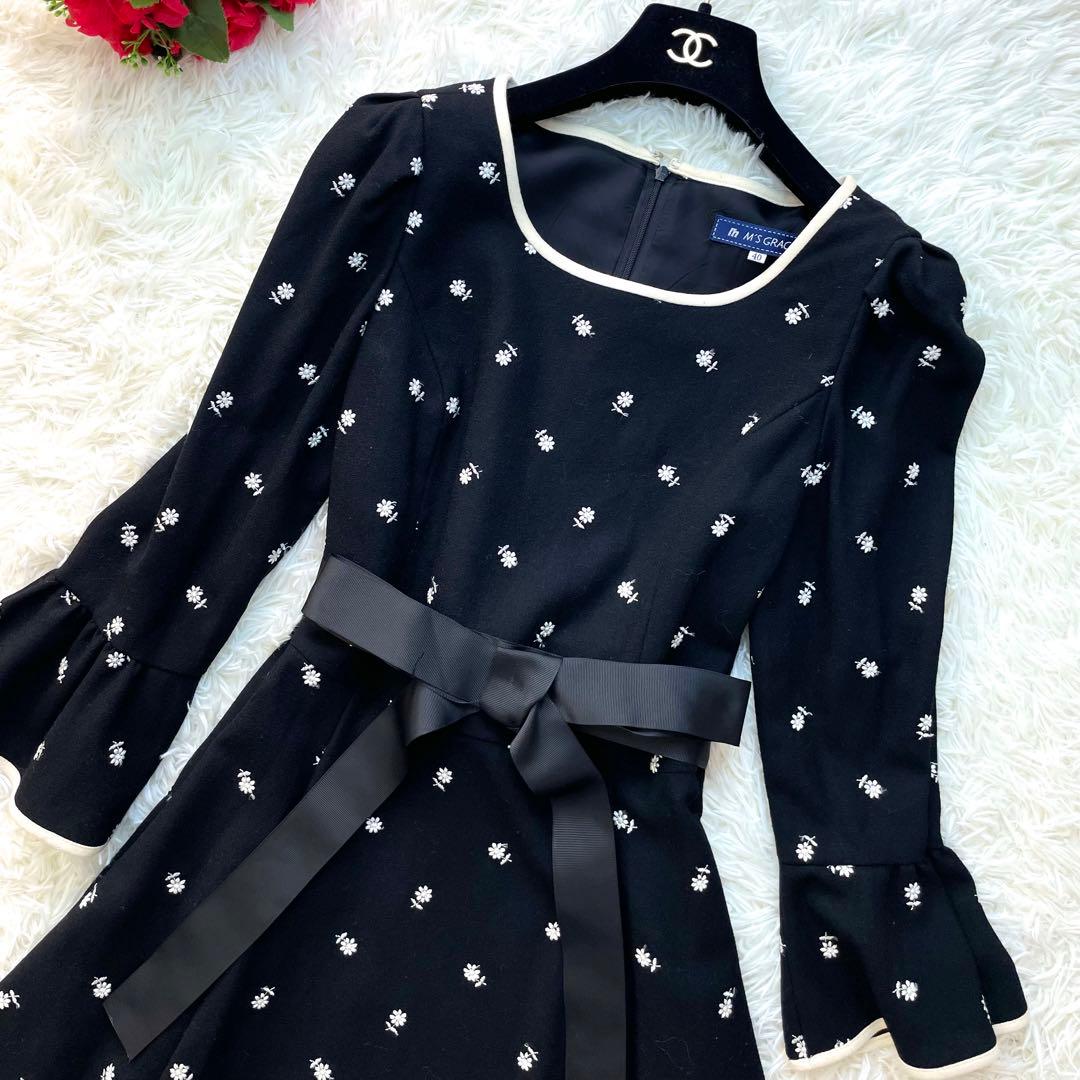 大きいサイズ✨エムズグレイシー ワンピース 40 L 黒 花 リボン A