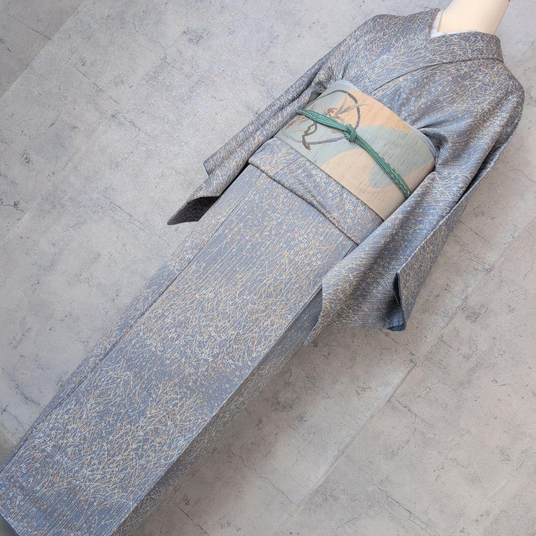 大セール中】小紋 フルセット 着物 正絹 青紺地 色彩 帯ユニーク F前