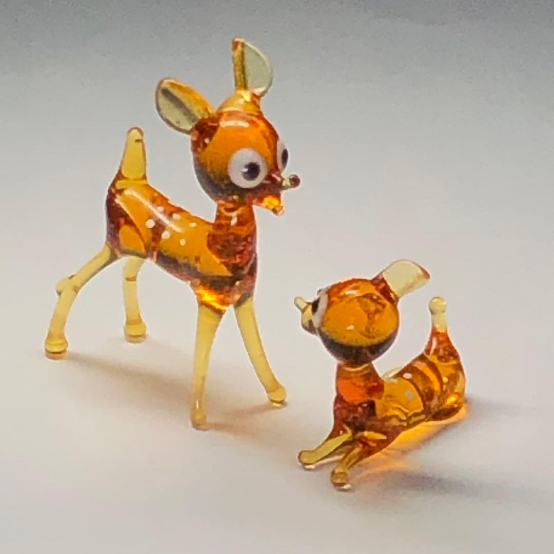 昭和レトロ ガラス細工 親子 鹿 飴色 アンバー 日本製 フィギュア
