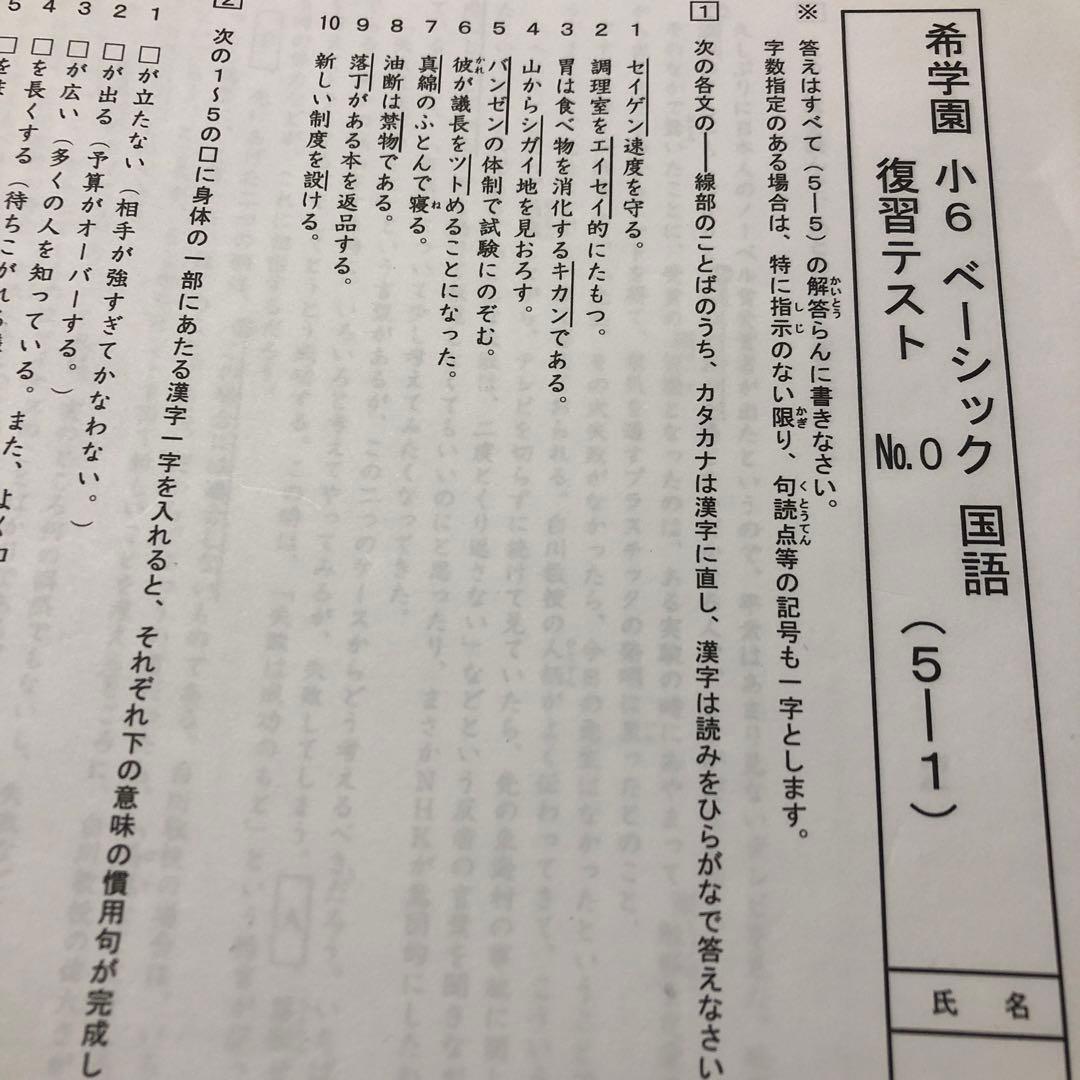 希学園小6ベーシック復習テスト　国語　1年分 希学園 国語 小6 復習＆確認テスト等｜Yahoo!フリマ（旧PayPayフリマ）