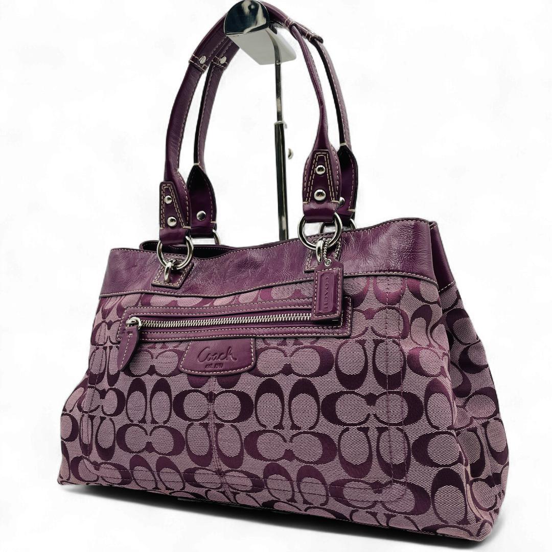 美品 COACH トートバッグ キャンバス レザー パープル シグネチャー COACH コーチ トート16 シグネチャーキャンバス ディテール 紫