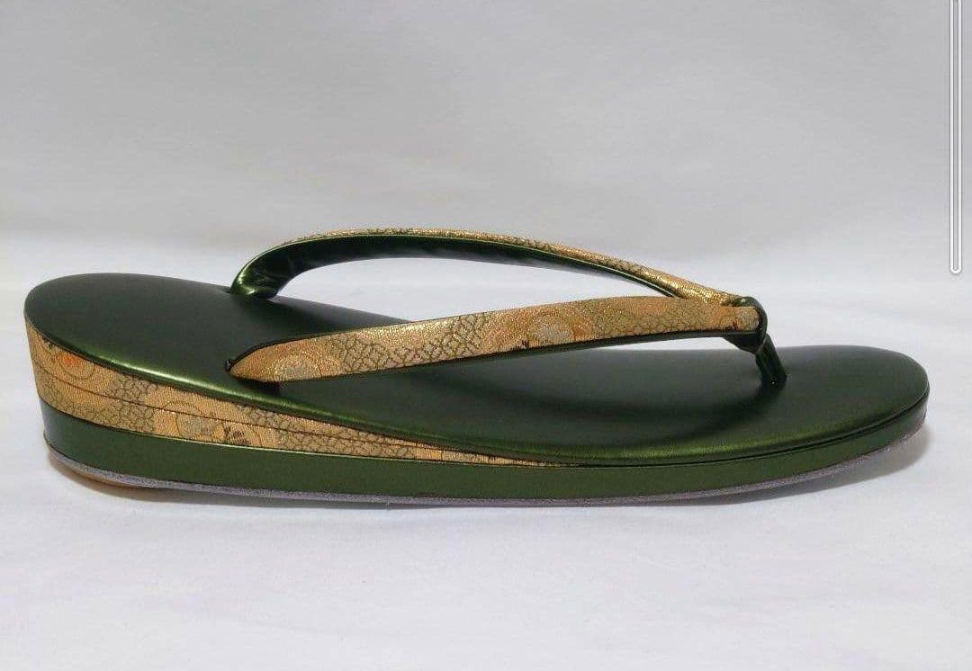 西陣 錦糸グリーン地 丸紋 バック 錦地鼻緒 の グリーン草履 セット