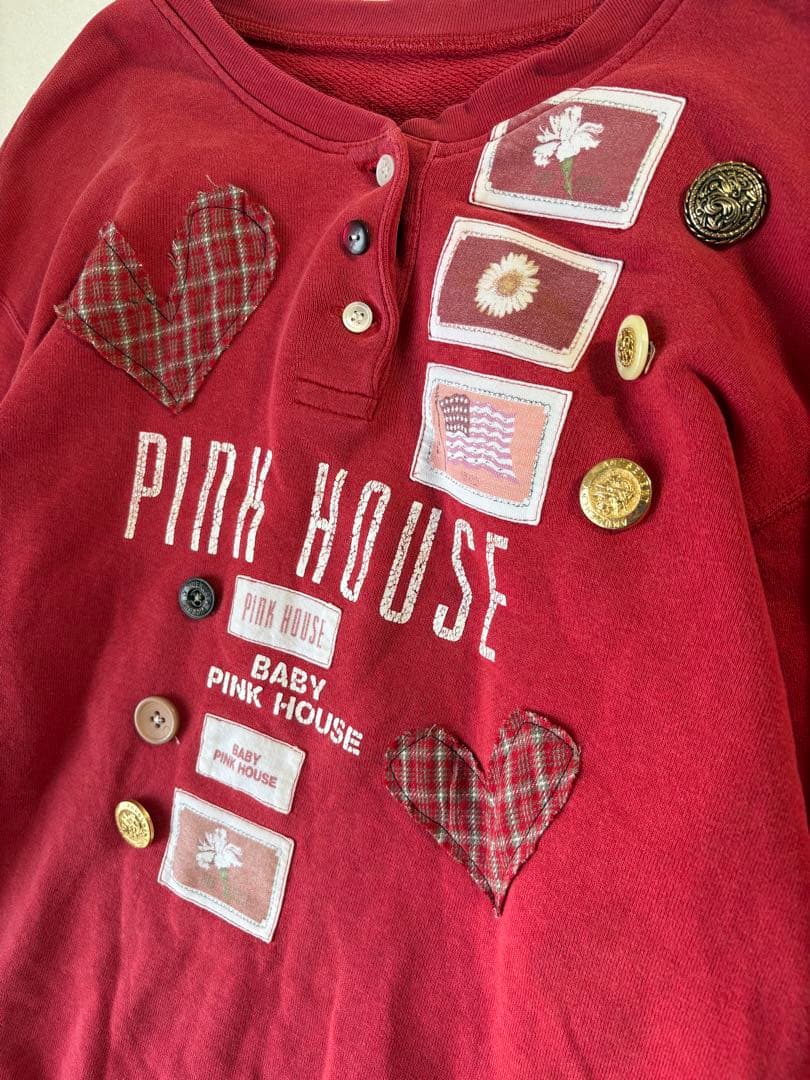 レアデザイン❤︎PINK HOUSEワッペン チェック ボタン赤スウェット