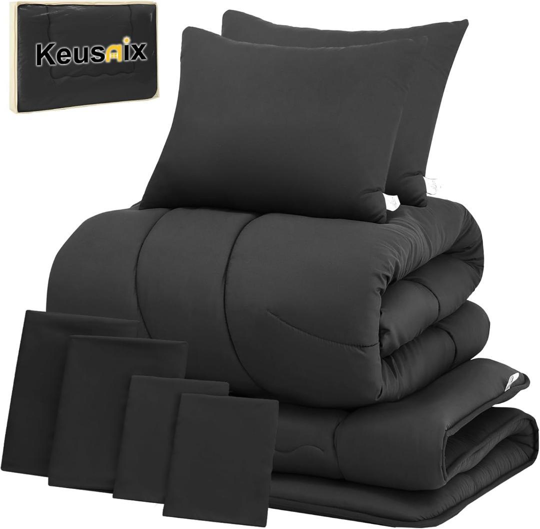 Keusnix 布団セット ダブル 布団9点セット 寝具セット ブラック タンスのゲン 布団セット ダブル 9点 洗える 寝具セット 来客用布団