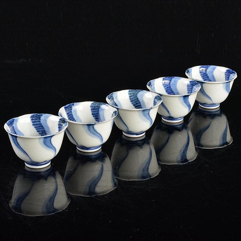 永楽善五郎造 染付 捻り文 煎茶碗 五客 時代箱付 V