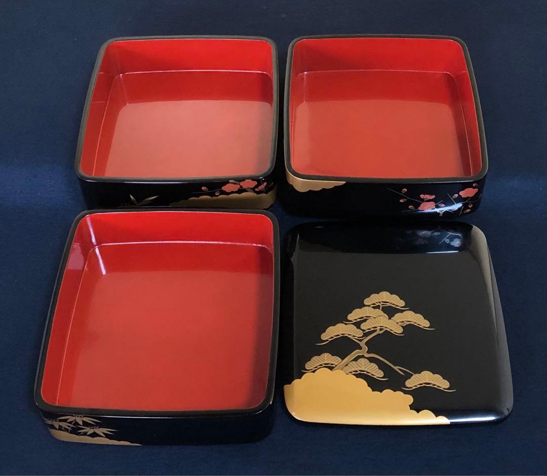 《R》輪島塗 雲松竹梅蒔絵 三段重 重台付 木製漆器 木箱　260116き4