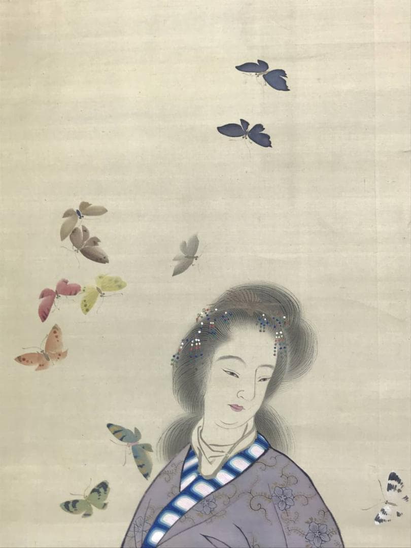 真作】義原一窓/唐美人に蝶図/美人図/掛軸☆宝船