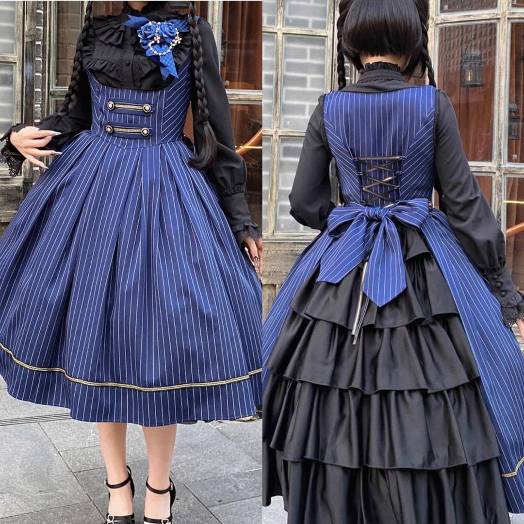 Bright Moon コルセットジャンパースカート ロリータ ネイビー 予約販売】Bright Moon コルセットジャンパースカート ストライプ
