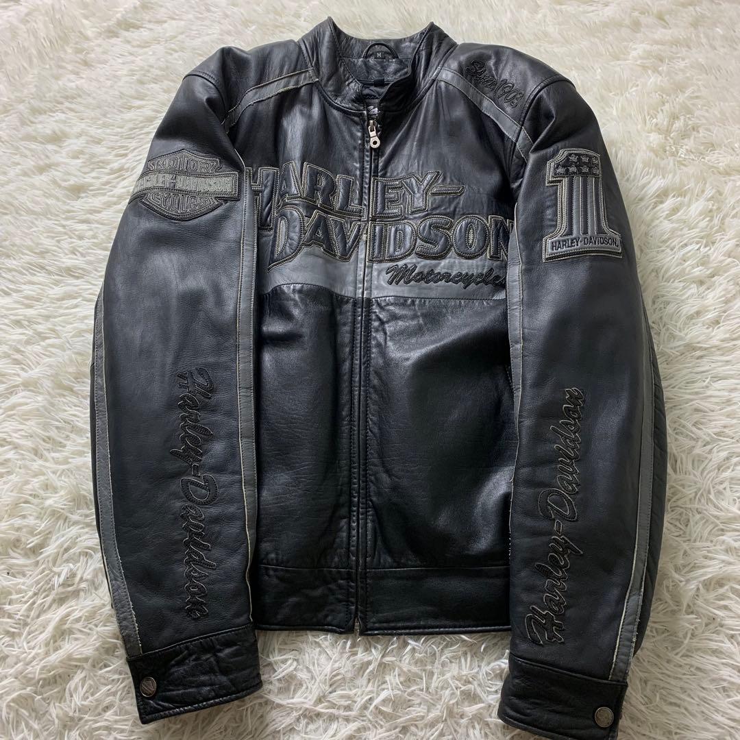 ハーレーダビッドソン レザージャケット ブラック 羊革 刺繍 M