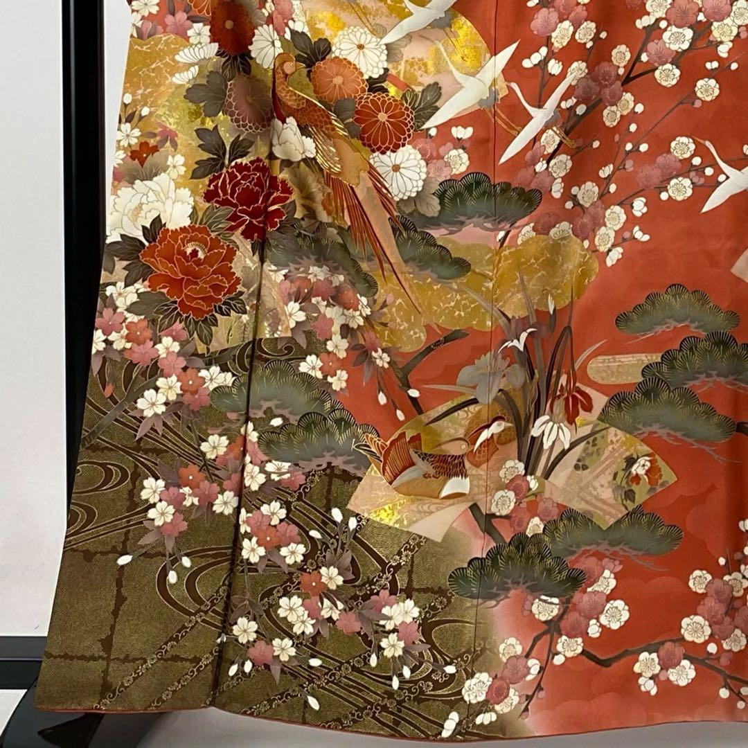な*お様 振袖 振袖フルセット 着物 鶴模様 竹松 金彩 朱色 金糸
