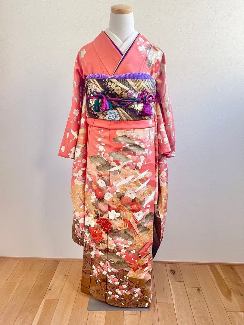 な*お様 振袖 振袖フルセット 着物 鶴模様 竹松 金彩 朱色 金糸