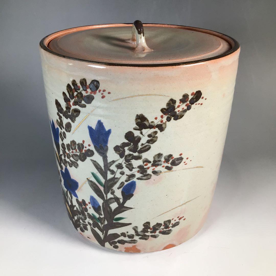 N723 水指 『菰山窯 宮田豊造』『金彩秋草文』『一重口水指』 共箱