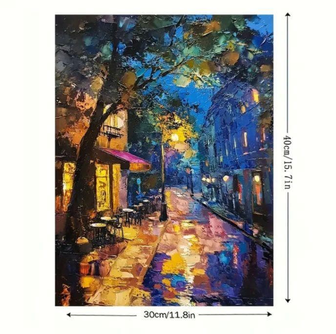 夜の街並み 油彩風景画キャンバスアートフレーム付き 30cm x 40cm