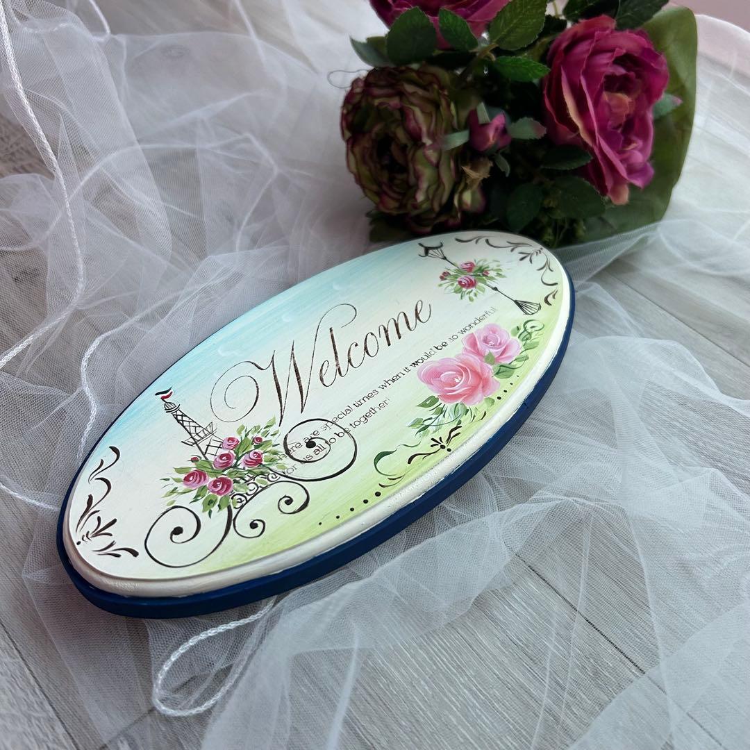 トールペイント作品 パリの風景とピンクの薔薇のウェルカムボード