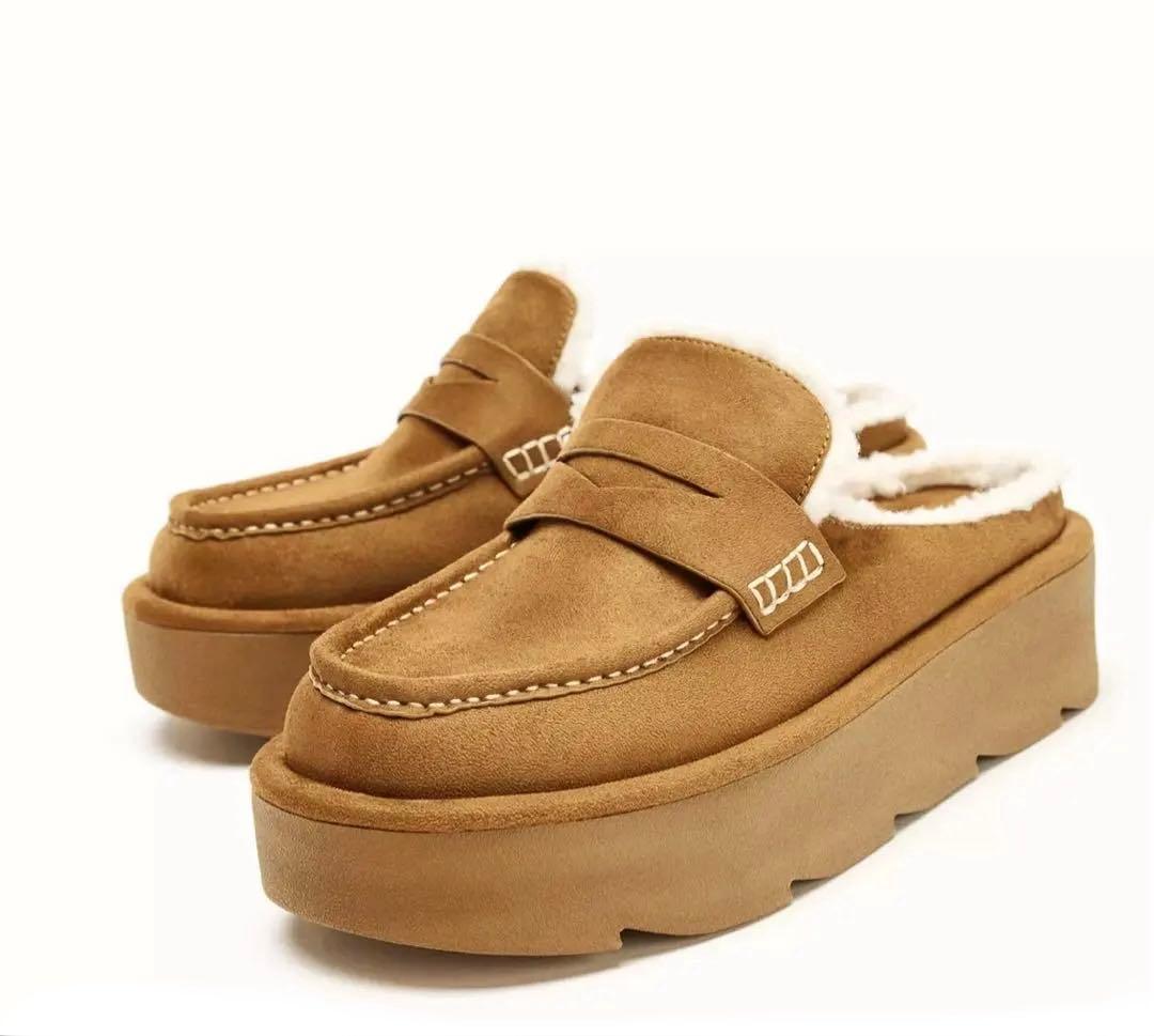 ZARA】ザラ 39 プラットフォームミュールローファー ムートン ボア